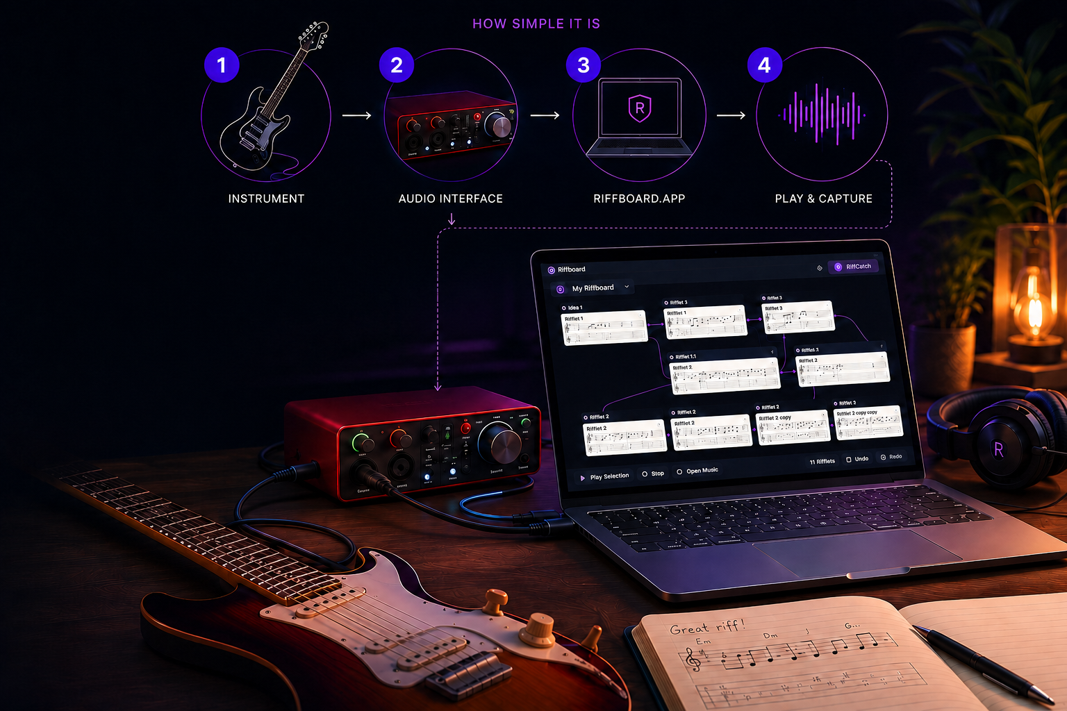 Riffboard interface showing guitar tablature and waveform capture